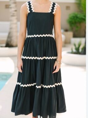 Black Maxi Dress with White Ric-Rac Trim - Sleeveless Tiered Style